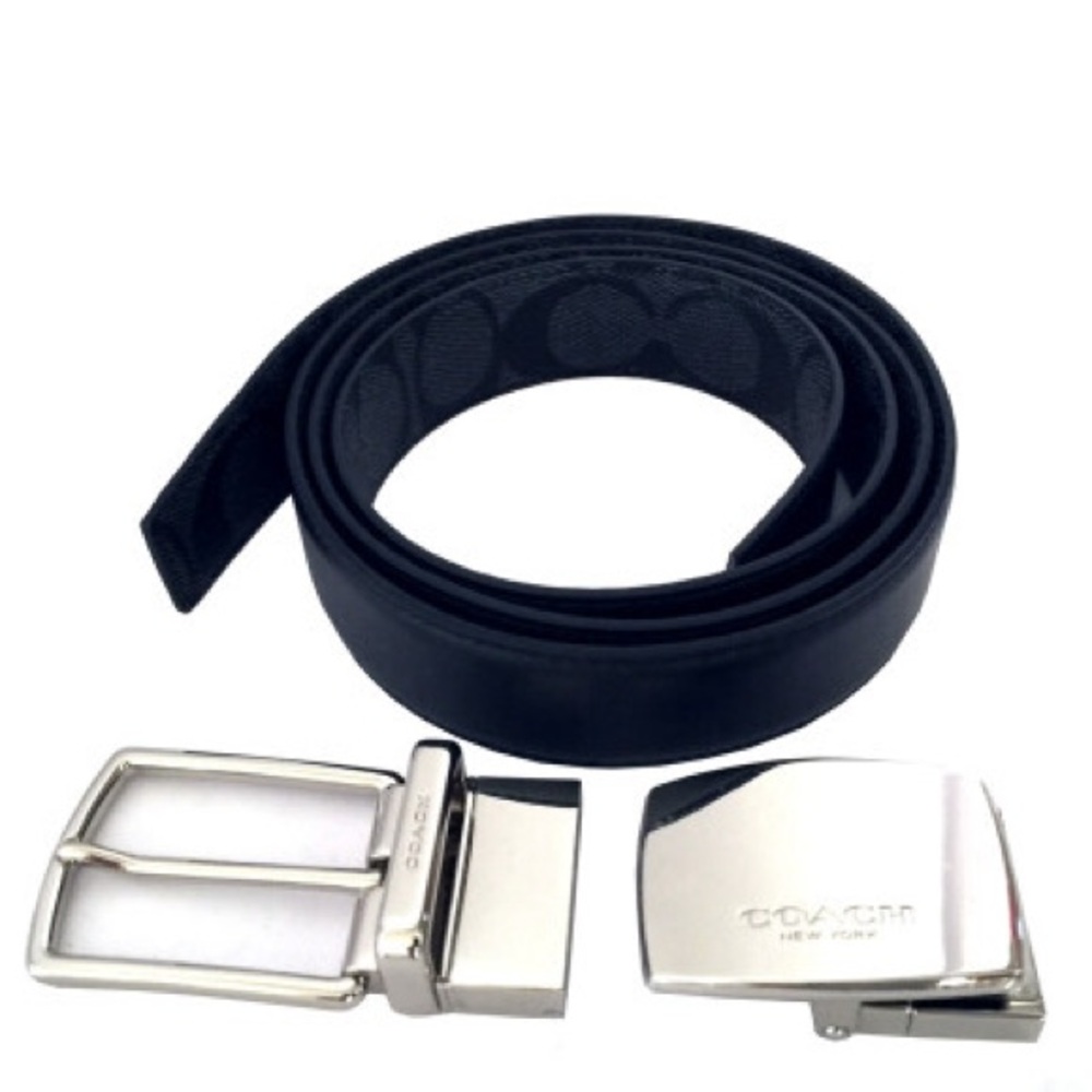 COACH F65242 MEN BLACK/CHARCOAL REVERSIBLE SIGNATURE BELT LEATHER NWT